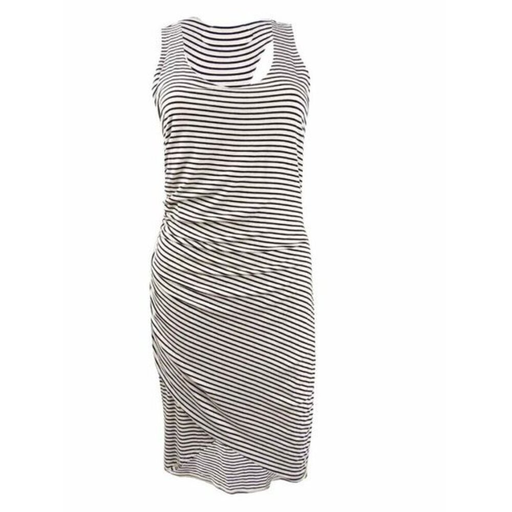 Women's M NWT Bar III Black White Striped Sheath Dress Ruched Racerback
